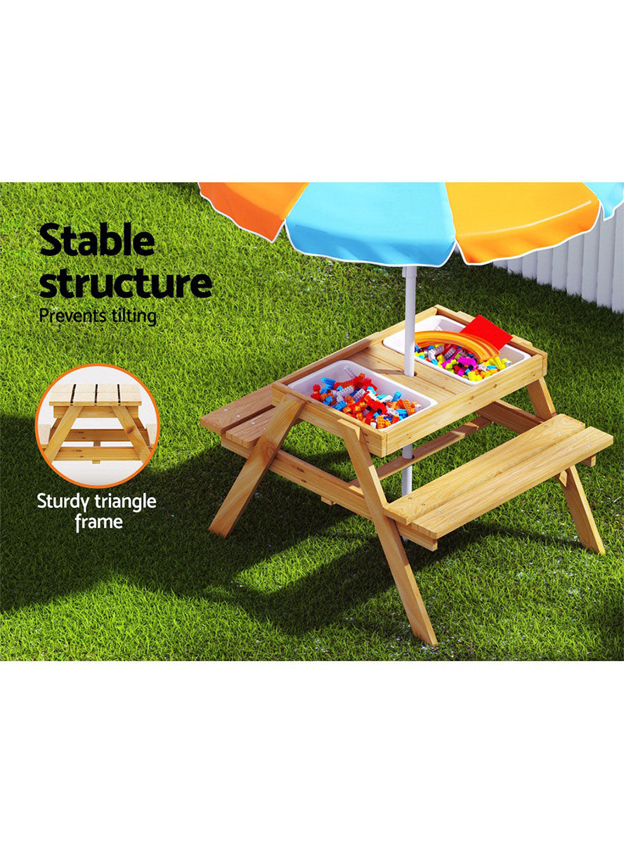 Keezi Kids Wooden Outdoor Table With Orange And Blue Umbrella - Info Image 1