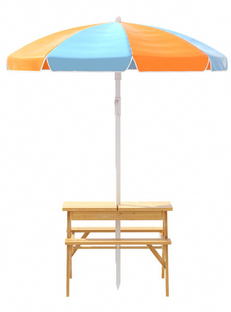 Keezi Kids Wooden Outdoor Table With Orange And Blue Umbrella - Side On Image