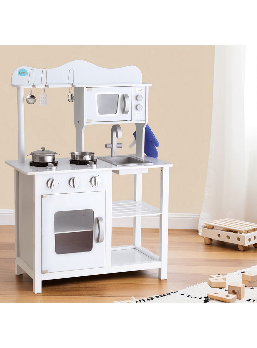 Keezi Kids Wooden White Kitchen Playset With Stovetop And Microwave - Lifestyle Image