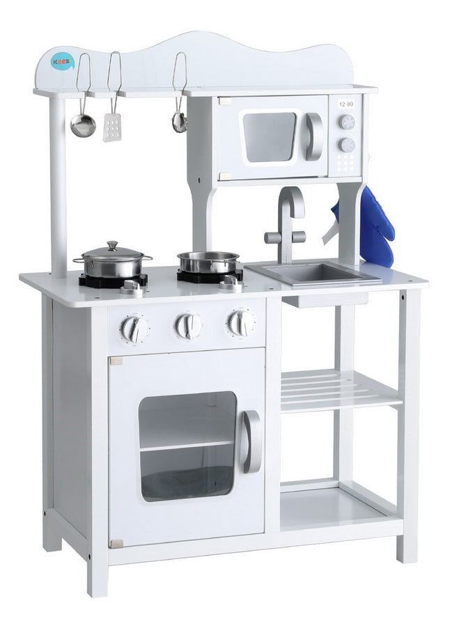 Keezi Kids Wooden White Kitchen Playset With Stovetop And Microwave - Main Image