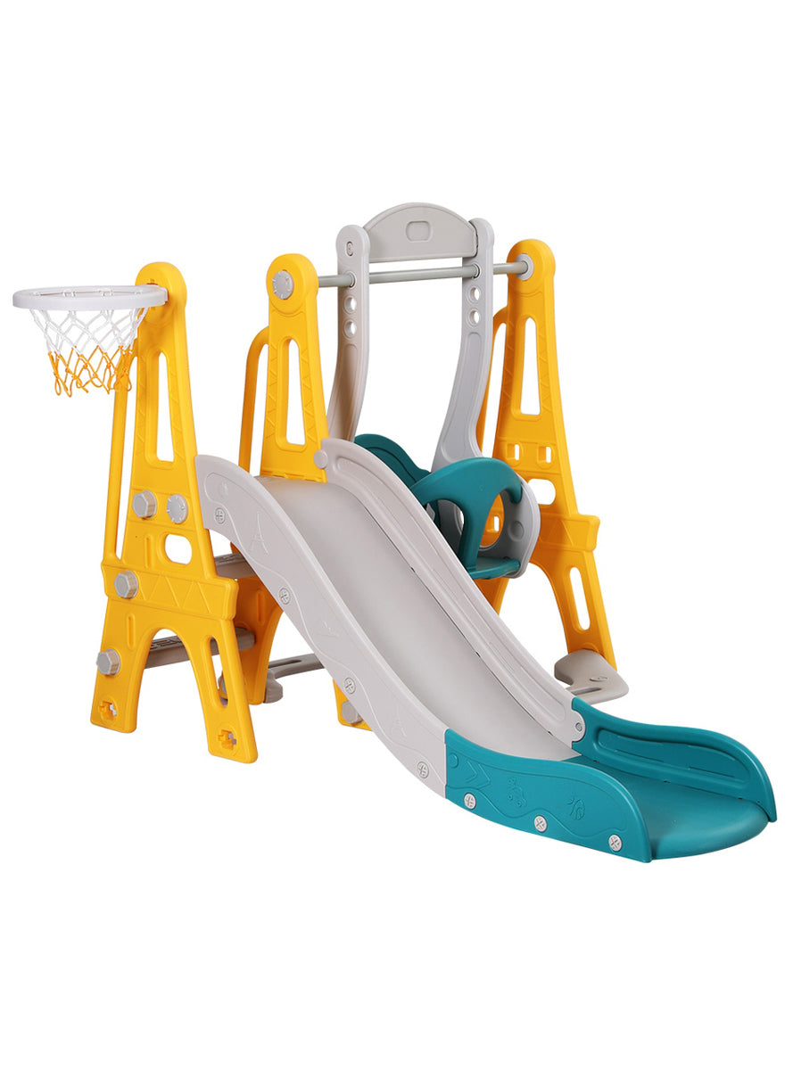 Keezi Kids Yellow And Blue Plastic Slide And Swing Set With Basketball Hoop - Alternate Image