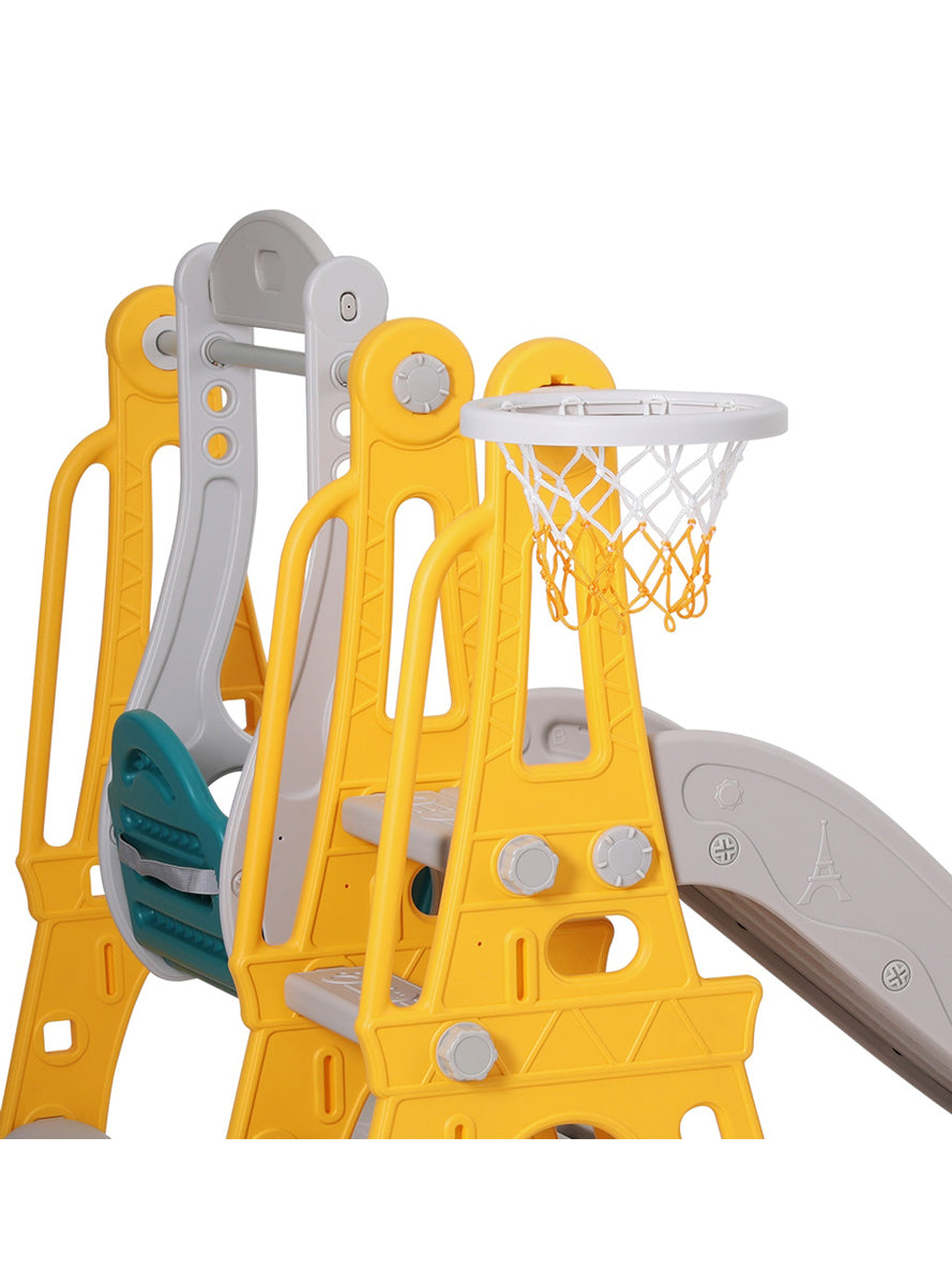 Keezi Kids Yellow And Blue Plastic Slide And Swing Set With Basketball Hoop - Close Image