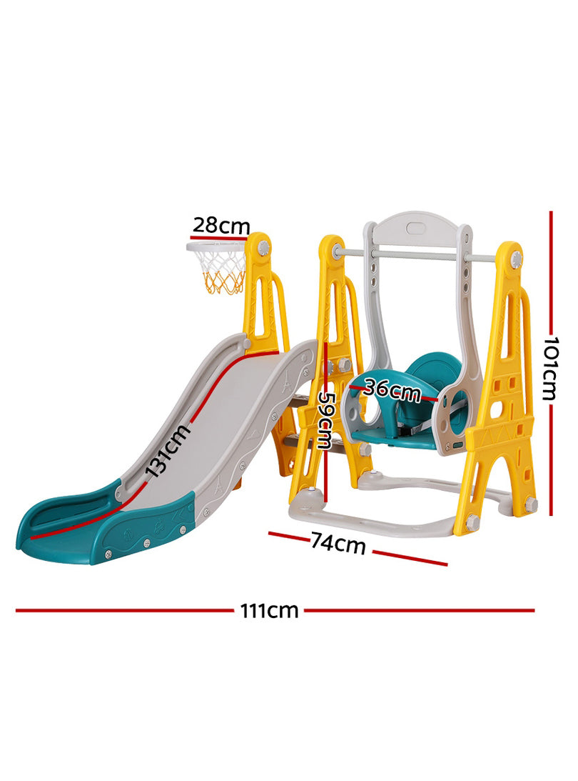 Keezi Kids Yellow And Blue Plastic Slide And Swing Set With Basketball Hoop - Dimensions Image