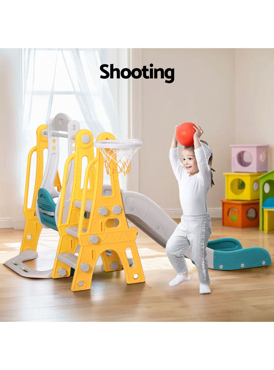Keezi Kids Yellow And Blue Plastic Slide And Swing Set With Basketball Hoop - Info Image 1