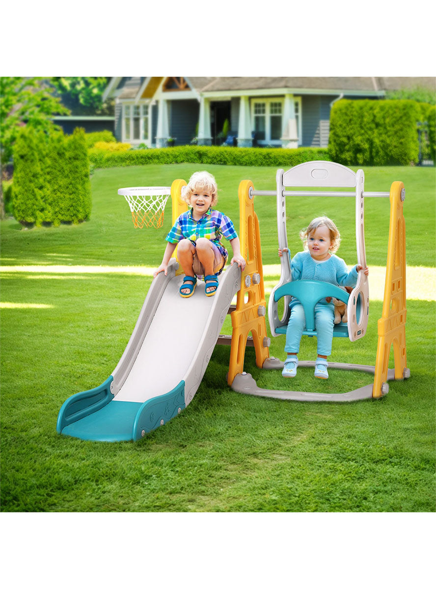 Keezi Kids Yellow And Blue Plastic Slide And Swing Set With Basketball Hoop - Lifestyle Image