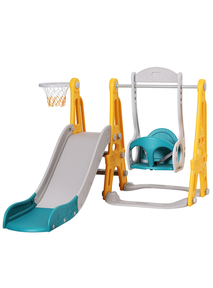 Keezi Kids Yellow And Blue Plastic Slide And Swing Set With Basketball Hoop - Main Image