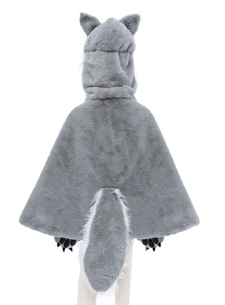 Kids Furry Grey Wolf Animal Costume Cape - Back Image