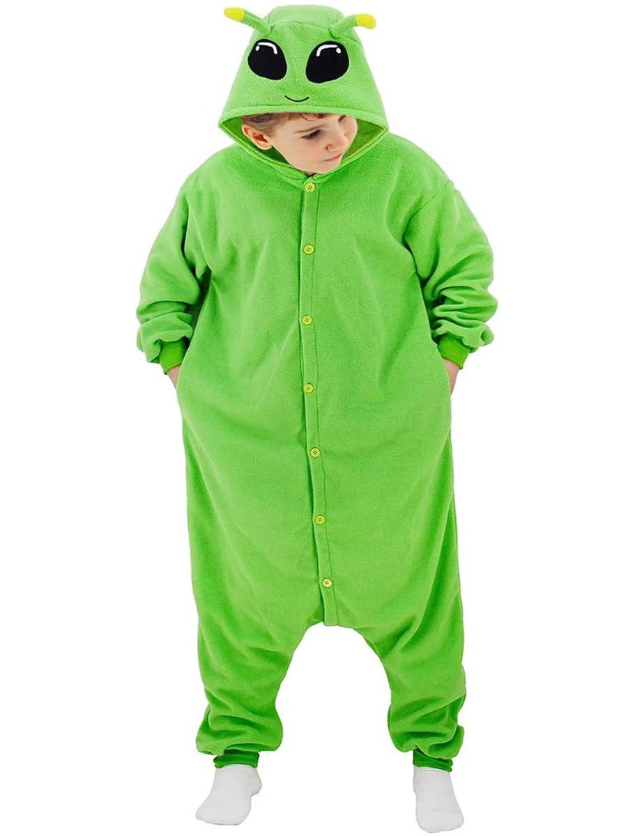 Image of Space Alien Kid's Plush Green Costume Onesie - Front View