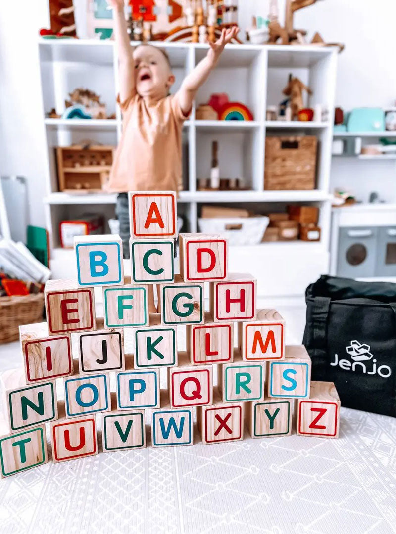 Kids Wooden 9cm Alphabet Blocks With Animal Images And Storage Bag - Lifestyle Image 1