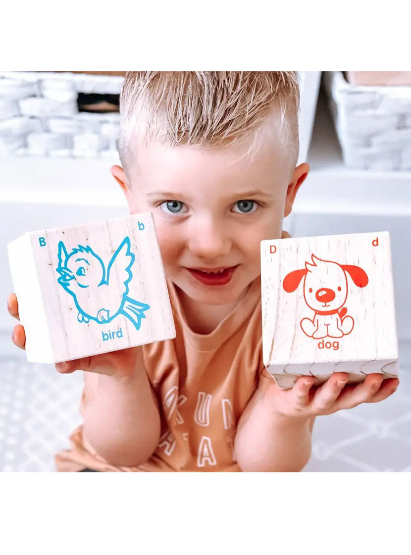 Kids Wooden 9cm Alphabet Blocks With Animal Images And Storage Bag - Lifestyle Image 3