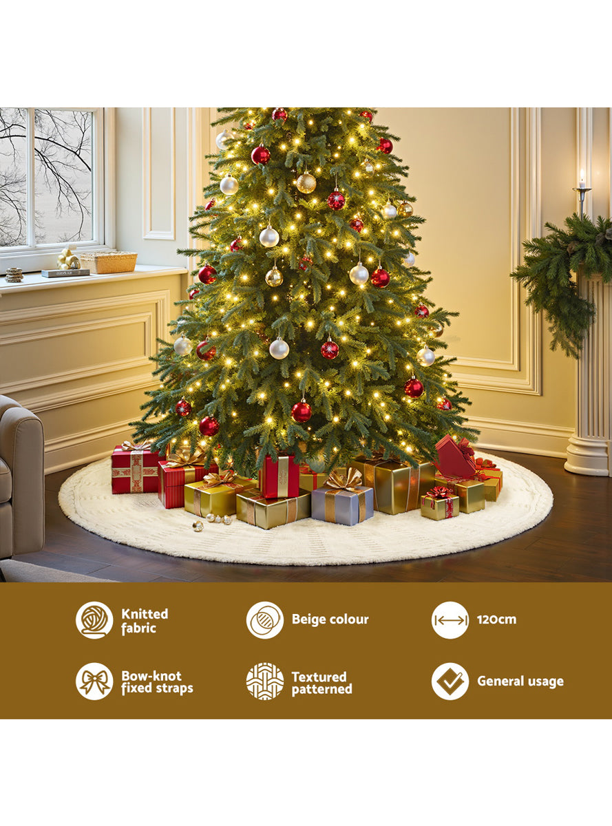 Knitted 120cm Jingle Jollys Beige Christmas Tree Skirt Decoration - Details Image
