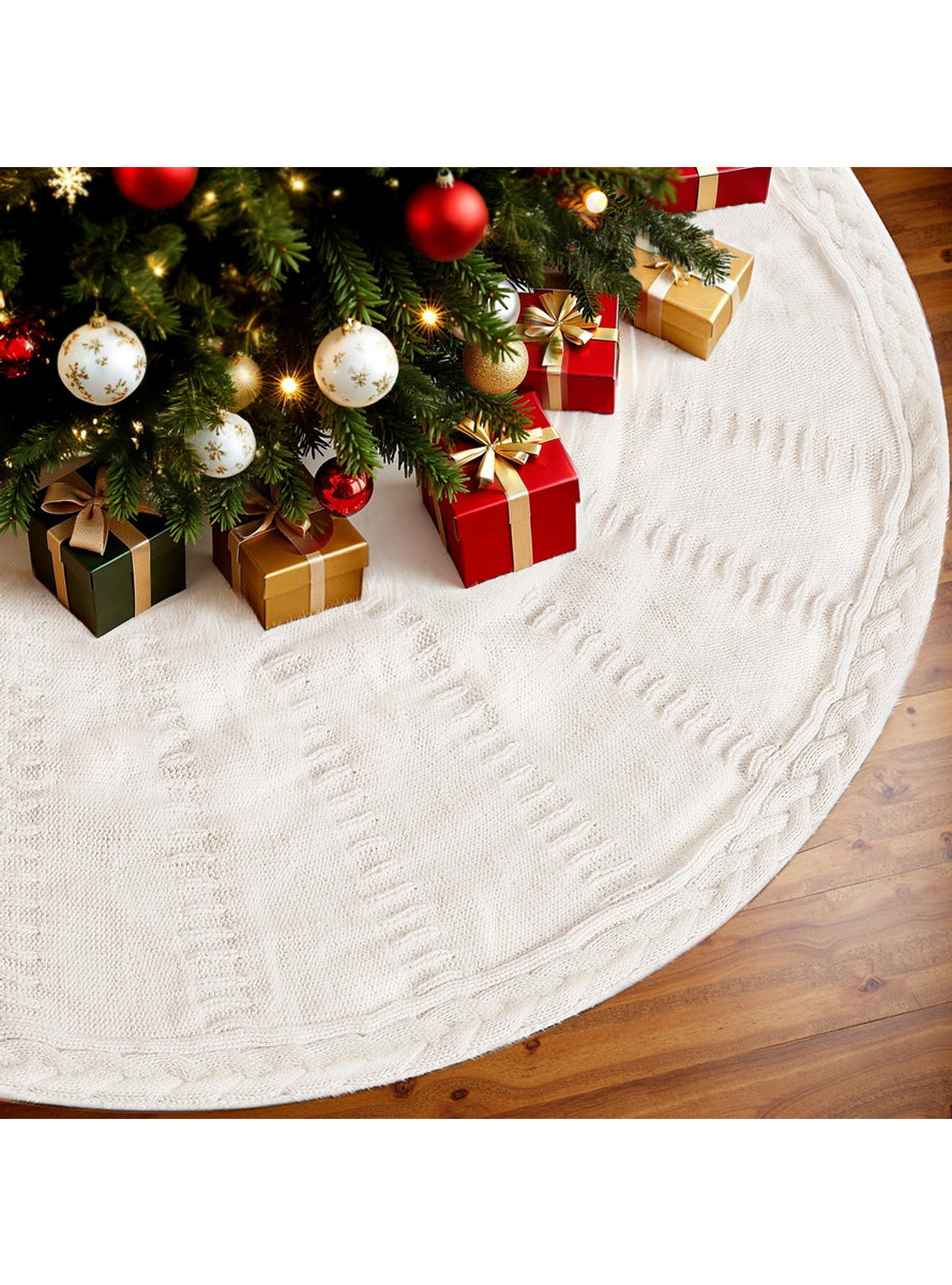 Knitted 120cm Jingle Jollys Beige Christmas Tree Skirt Decoration - Lifestyle Image