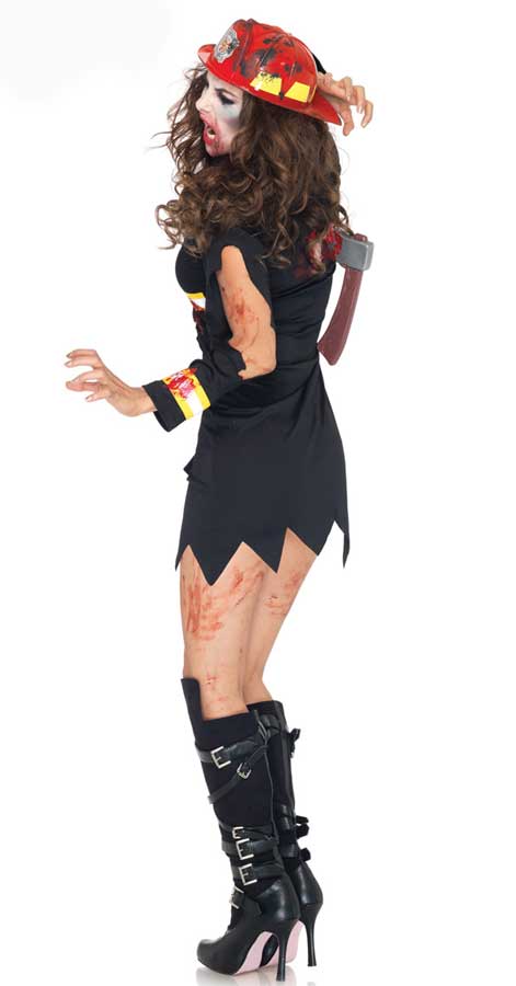 Short Jagged Black Women's Zombie Fire Fighter Halloween Costume - Back Image
