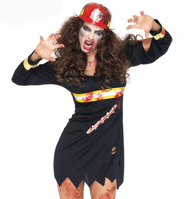 Short Jagged Black Women's Zombie Fire Fighter Halloween Costume - Close Image