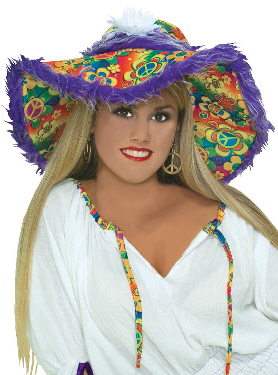 60's Rainbow Hippie Print Floppy Hat with Purple Fur