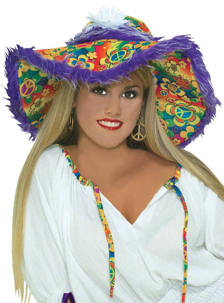 60's Rainbow Hippie Print Floppy Hat with Purple Fur
