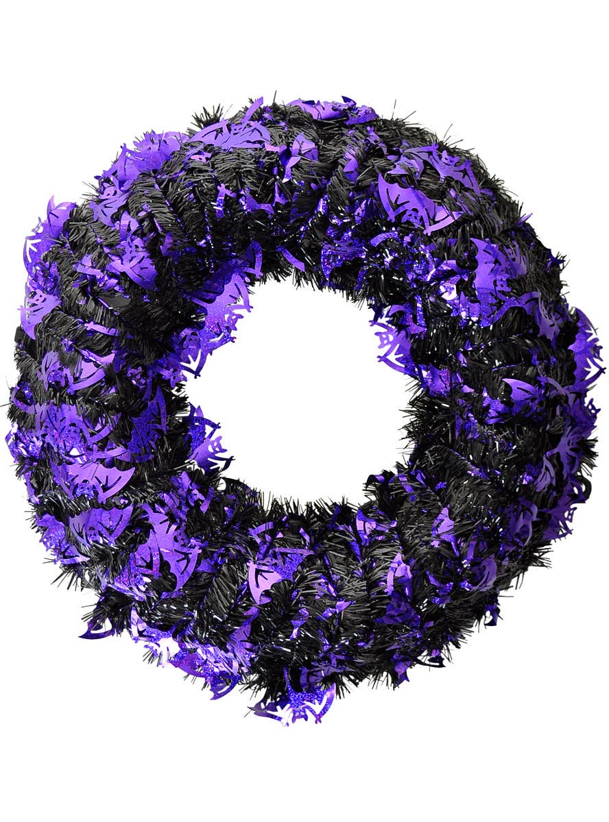 Image of Large Black and Purple Tinsel Bats Halloween Wreath - Main Image