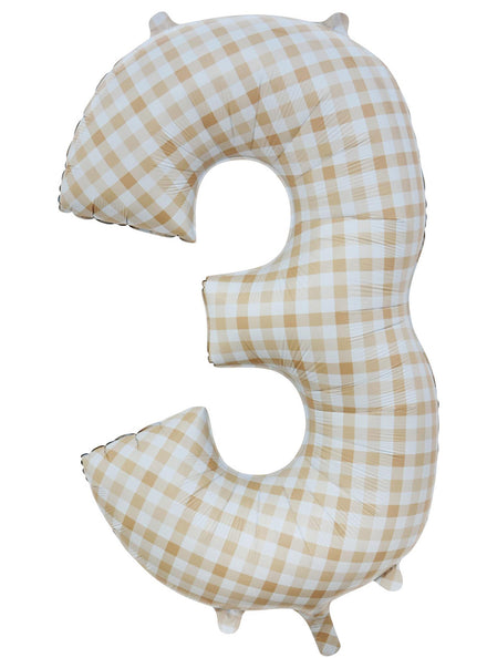 Large 90cm Gingham Print Number 3 Foil Balloon - Main Image