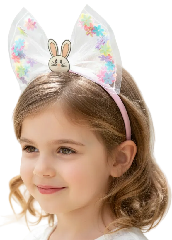 Adorable Clear Vinyl Easter Bow Costume Headband With Coloured Flowers - main image