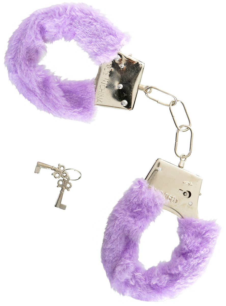 Image of Furry Purple Novelty Silver Metal Handcuffs with Keys