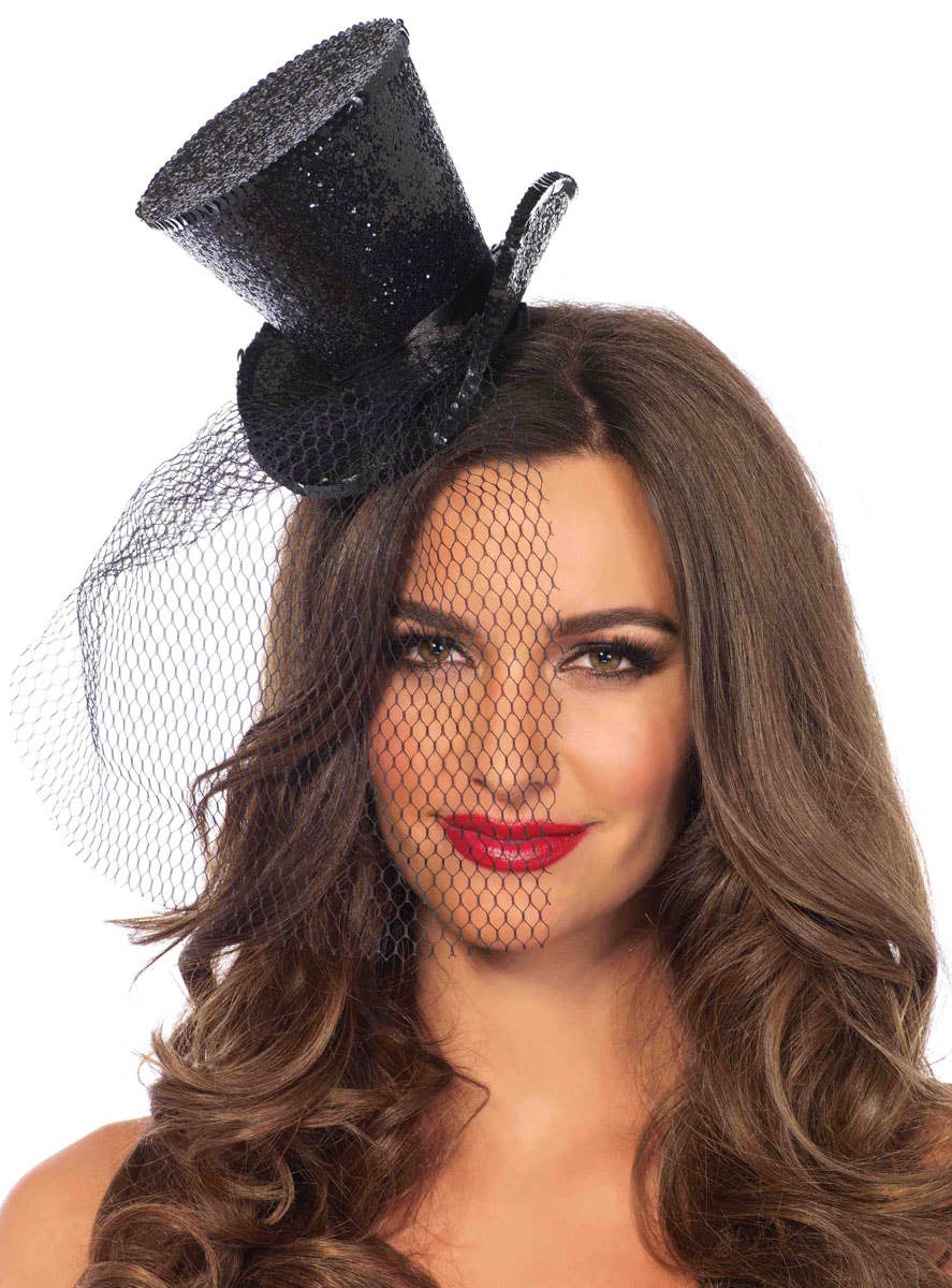 Women's Mini Black Top Hat with Glitter Costume Accessory