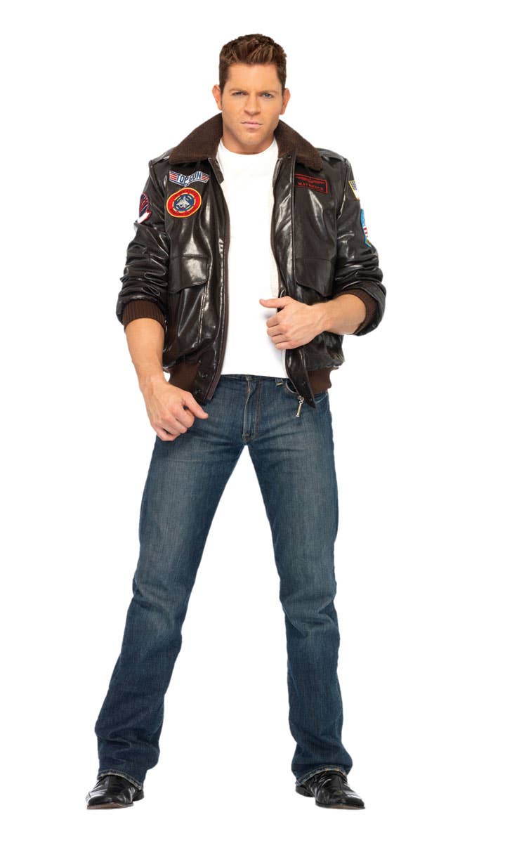 Officially Licensed Brown Faux Leather Top Gun Bomber Jacket for Men - Main Image