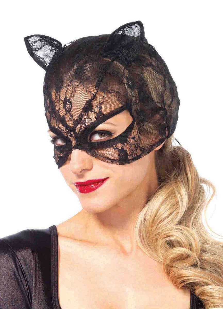 Black Lace Women's Cat Mask with Ears Front View