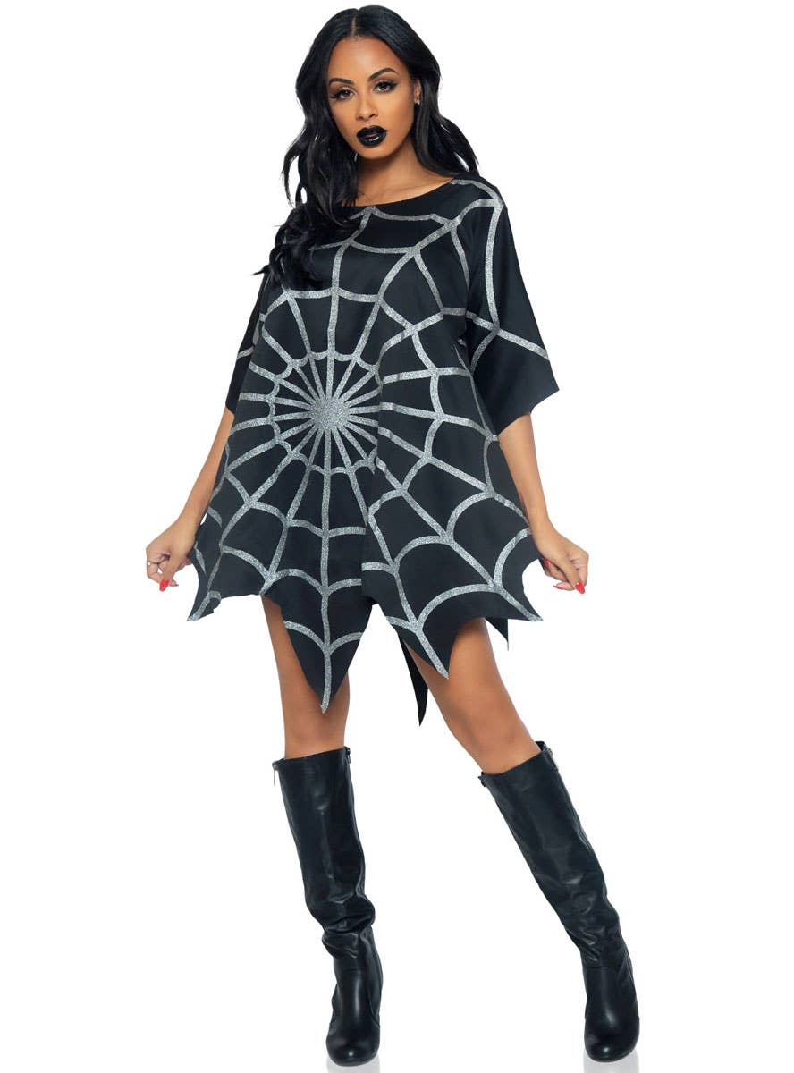 Womens Black Spider Costume Poncho with Silver Glitter Spiderweb - Front Image