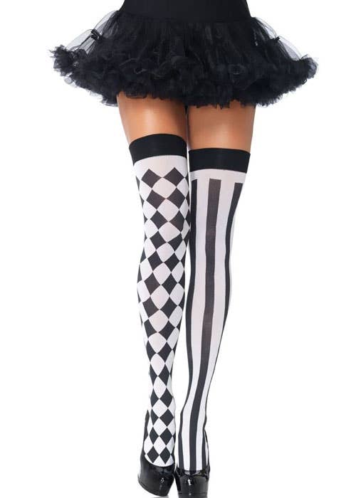 Harlequin Striped Black And White Costume Thigh High Stockings