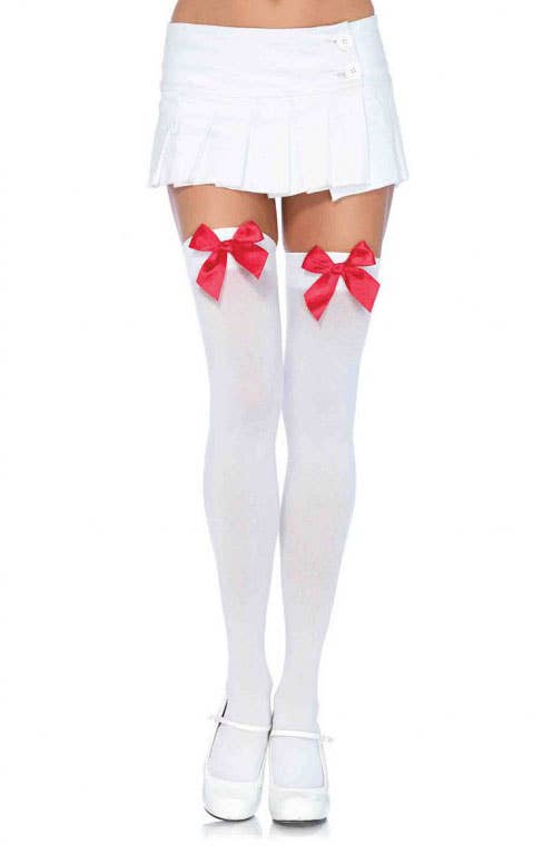 Opaque White Thigh High Stockings with Red Bows