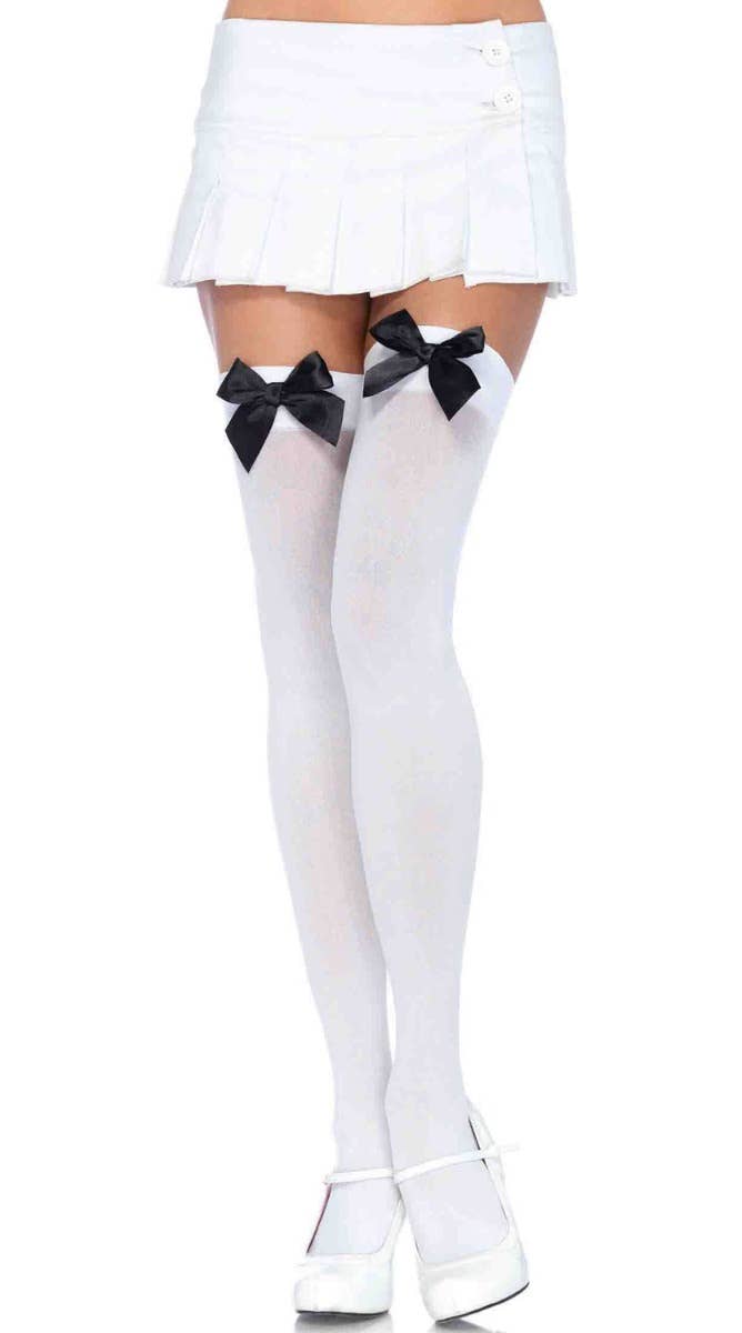 Women's White Thigh High Costume Stockings With Black Bows Main Image