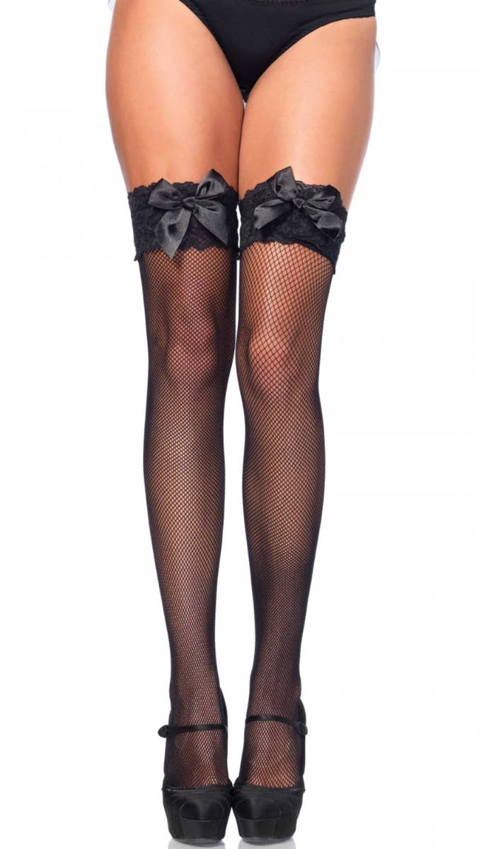 Sexy Black Fishnet Thigh High Costume Stockings With Black Bows