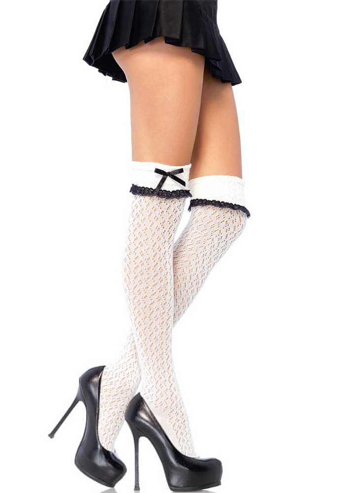 White Crochet Over The Knee Socks Front View