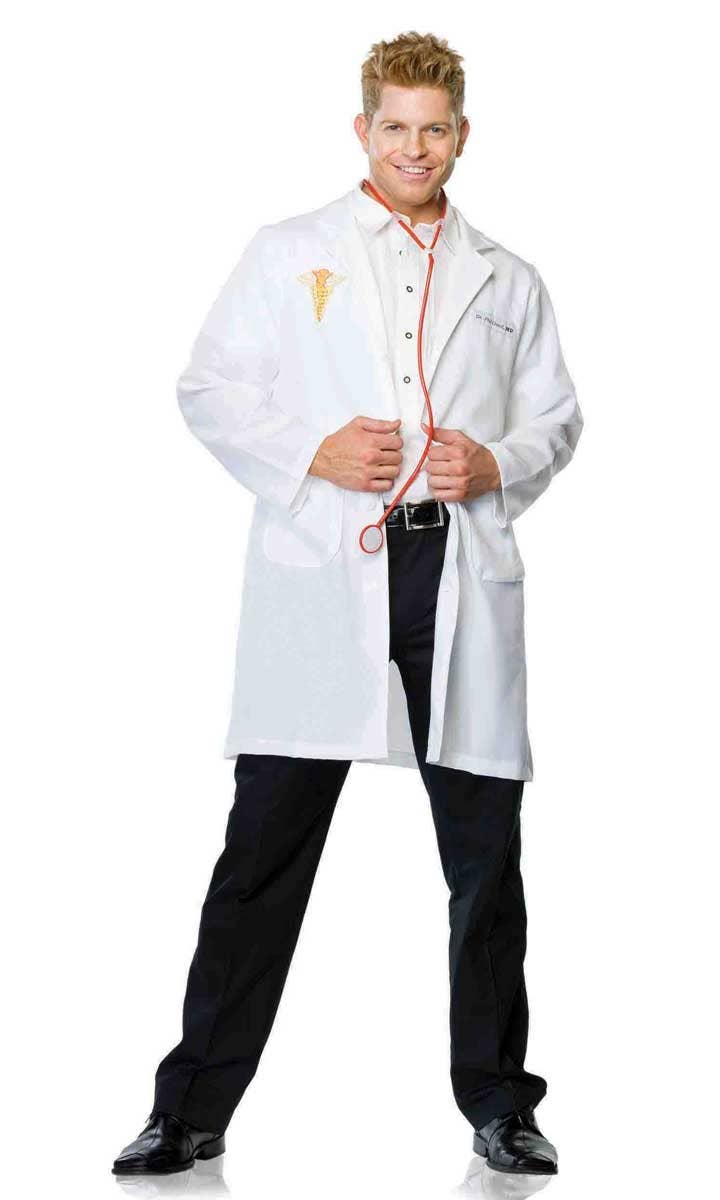 Men's White Lab Coat Doctor Fancy Dress Costume Front View