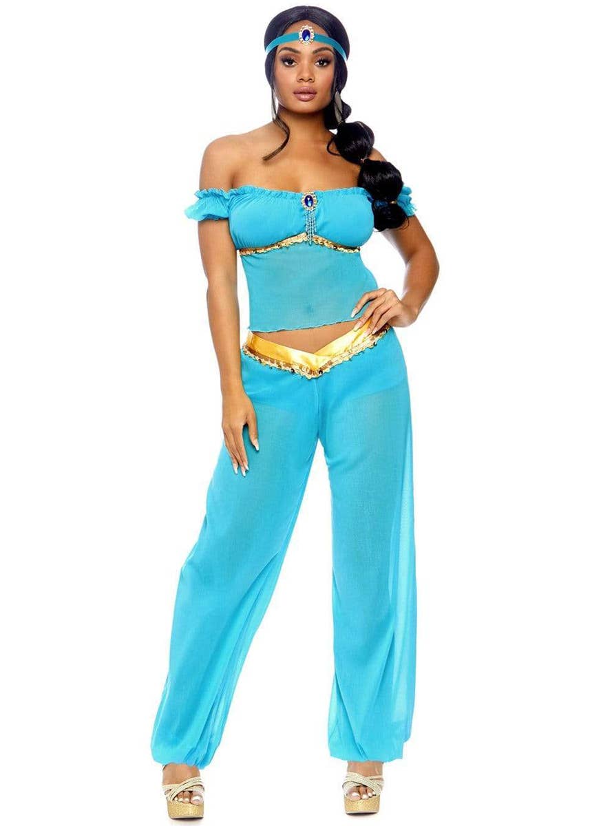 Women's Sexy Blue and Gold  Princess Jasmine Costume - Front View