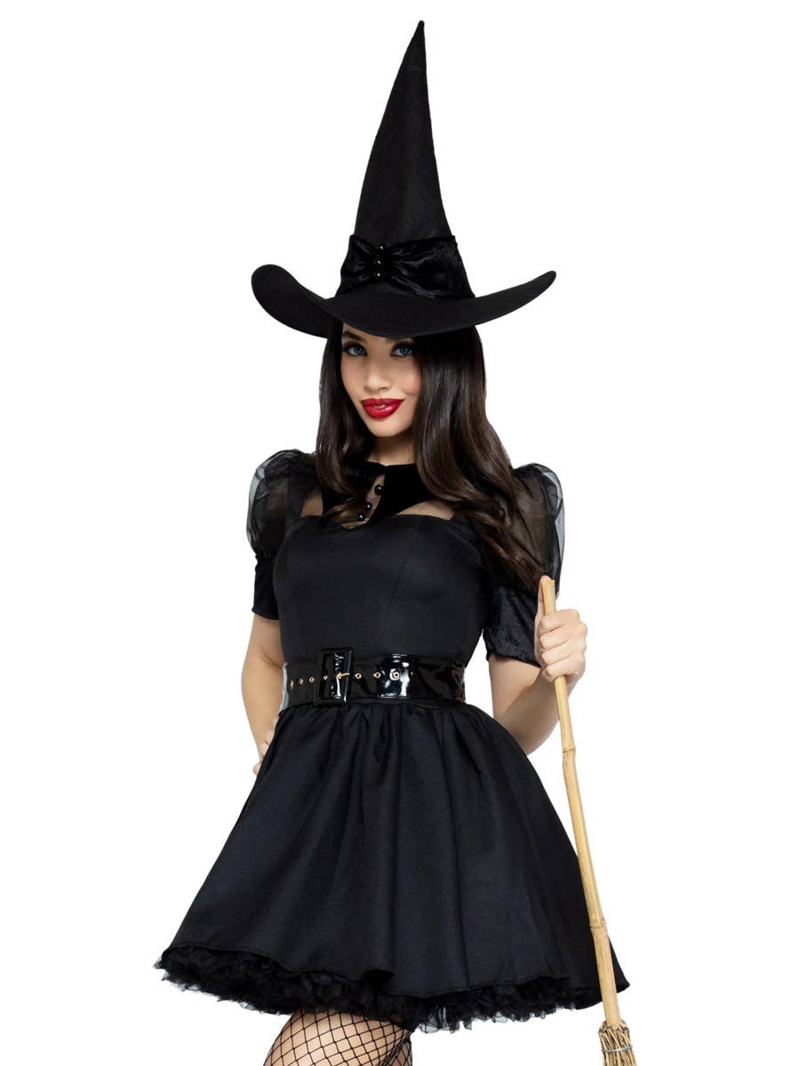 Sexy Black Witch Women's Deluxe Halloween Costume Close Up View
