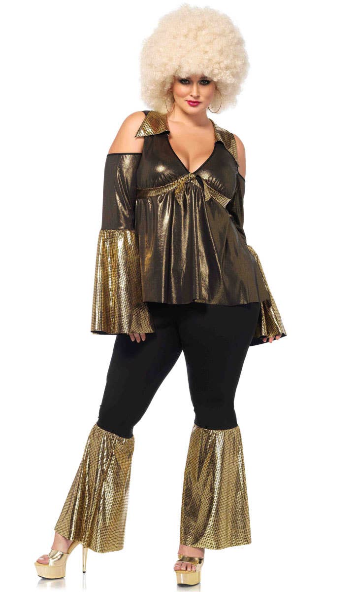 Plus Size 70's Outfit for Women Black and Gold Disco Diva Costume - Front Image