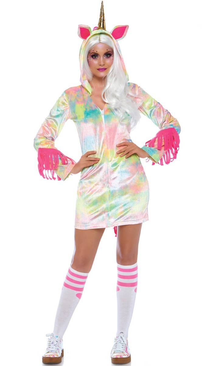 Women's Cozy Rainbow Enchanted Unicorn Fancy Dress Costume Front Image