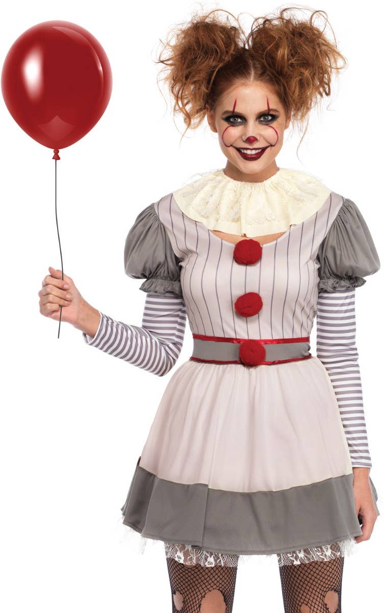 Women's Creepy Clown Pennywise Halloween Costume Close Front View
