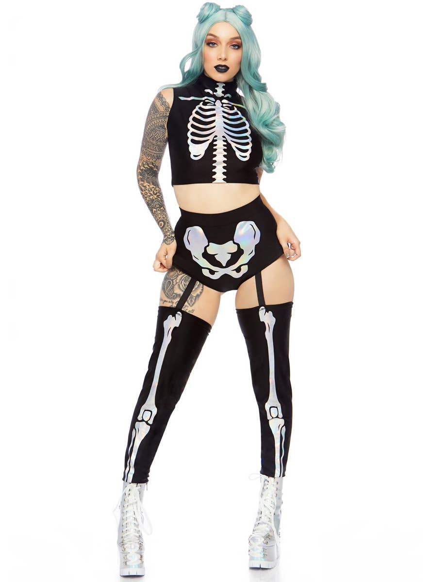 Women's Sexy Holographic Skeleton Fancy Dress Costume Front Image