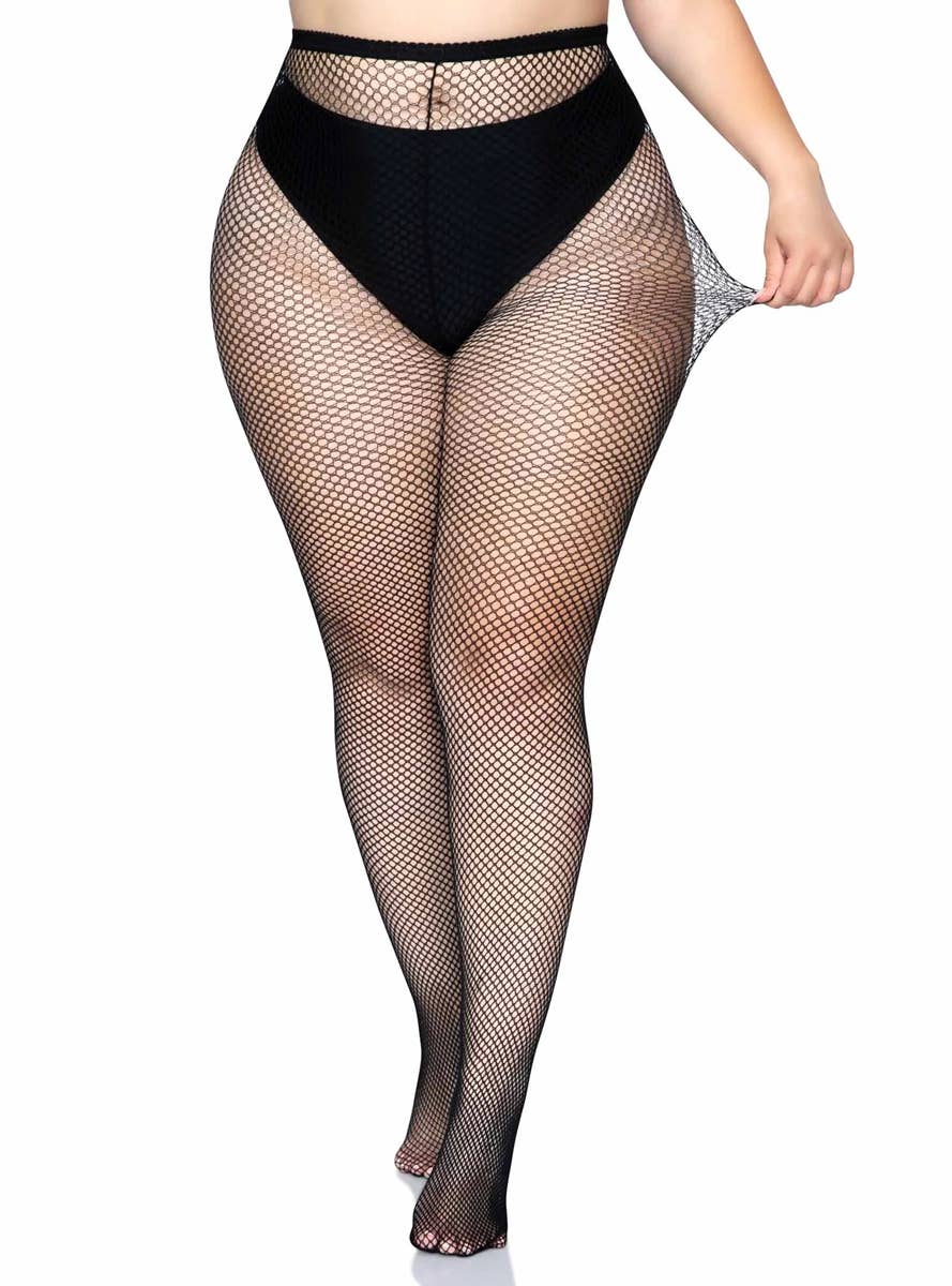 Black Plus Size Women's Fishnet Pantyhose Hosiery - Front Image