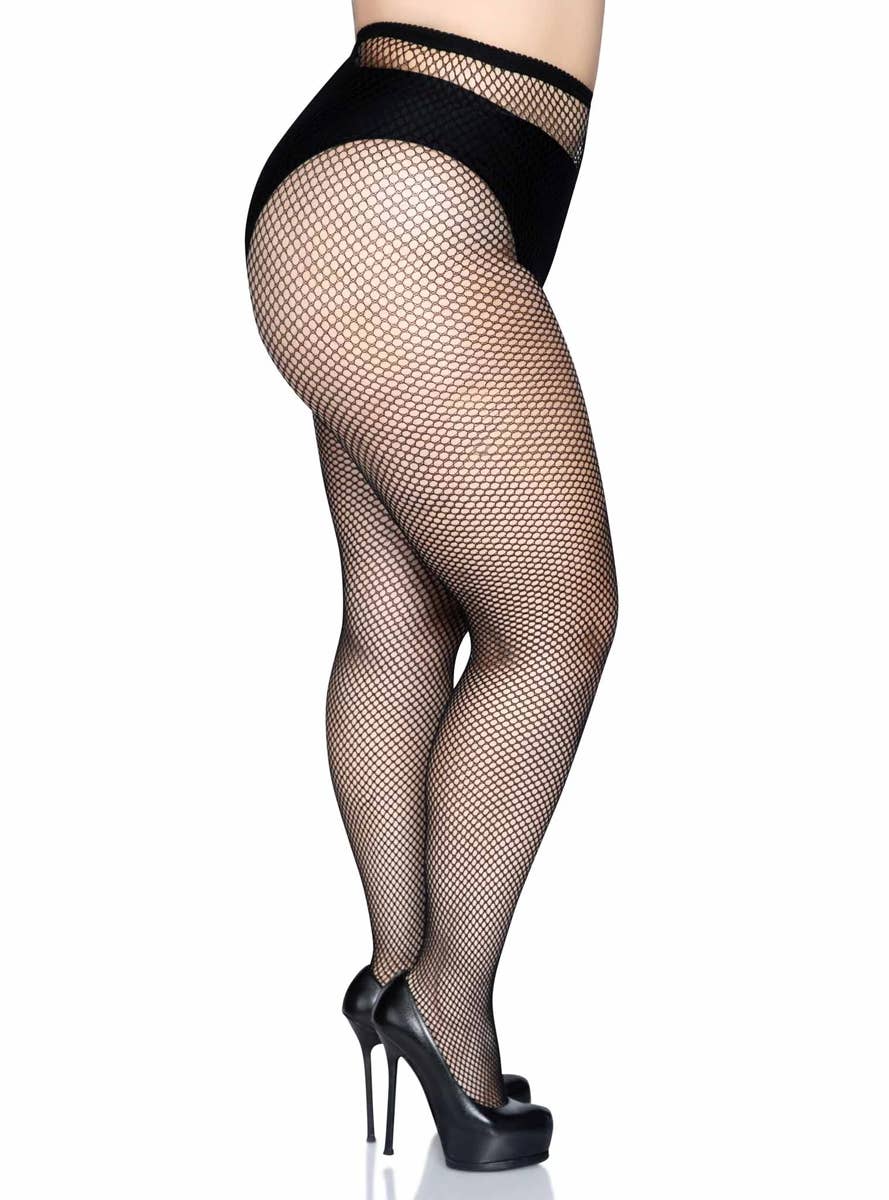 Black Plus Size Women's Fishnet Pantyhose Hosiery - Side Image