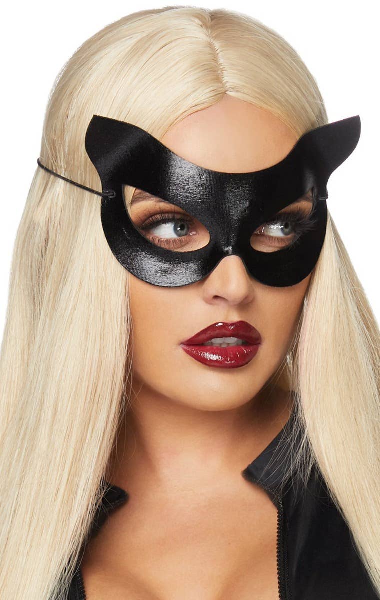 Women's Black Vinyl Cat Masquerade Mask Main Image