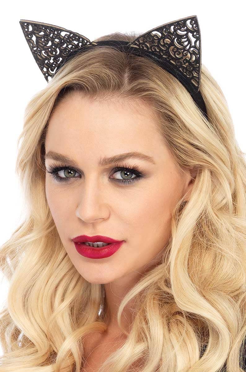 Women's Black Glitter Filigree Cat Costume Accessory Ears