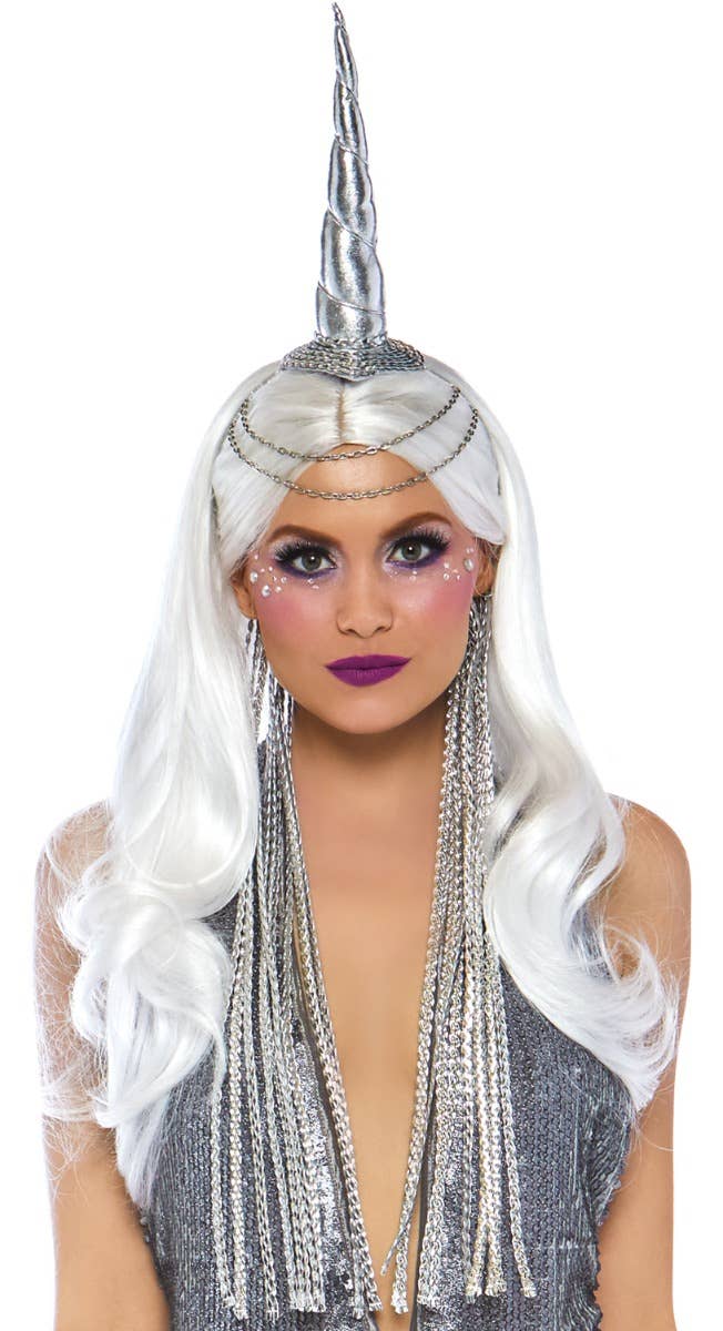 Women's Deluxe Metallic Silver Unicorn Horn on Headband With Silver Braided Mane