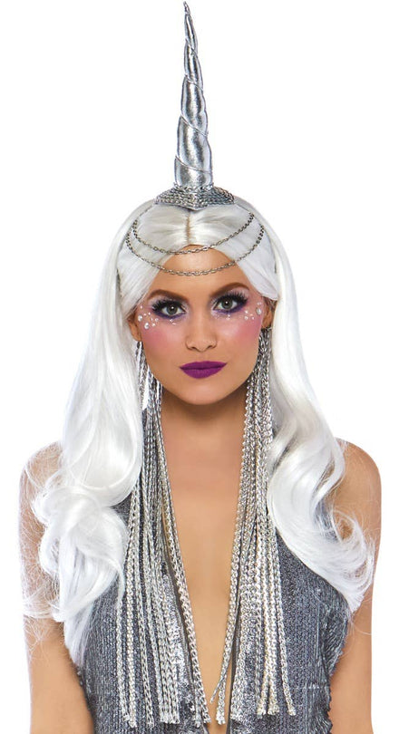 Women's Deluxe Metallic Silver Unicorn Horn on Headband With Silver Braided Mane