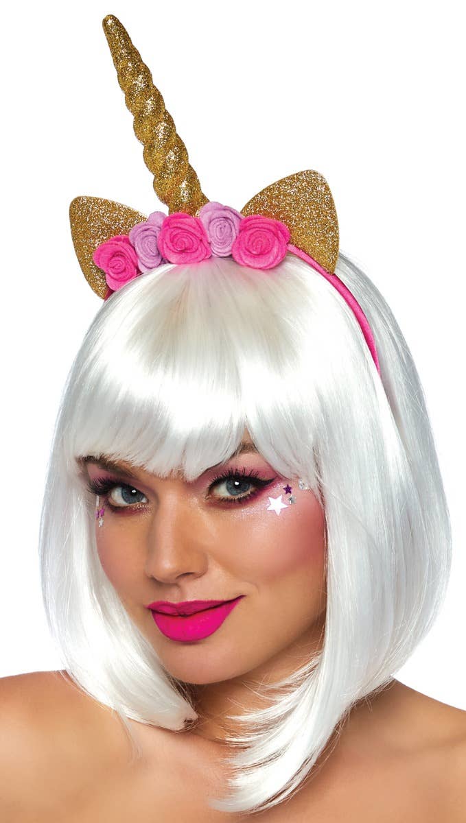 Gold Glitter Unicorn Horn On Headband With Flowers