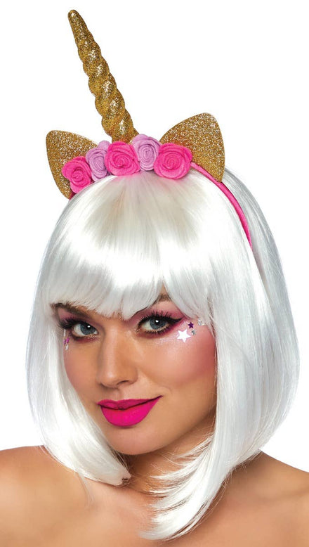 Gold Glitter Unicorn Horn On Headband With Flowers