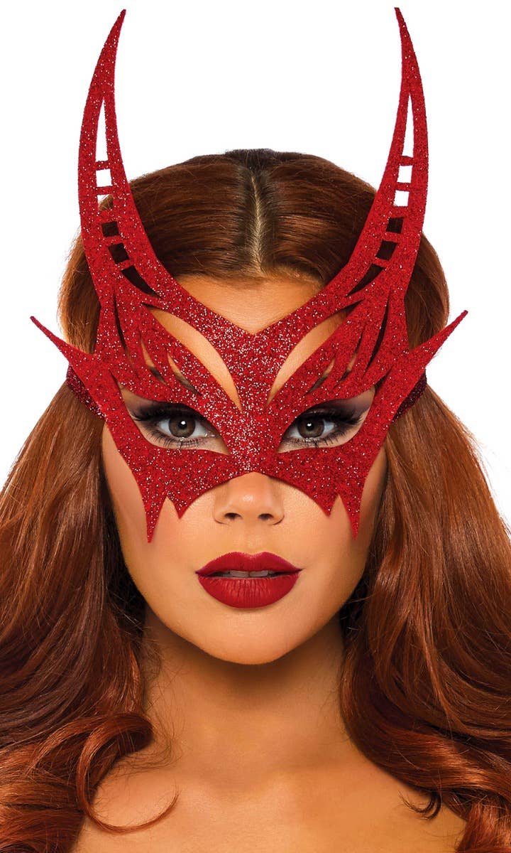 Women's Red Glitter Devil Masquerade Costume Mask Main Image