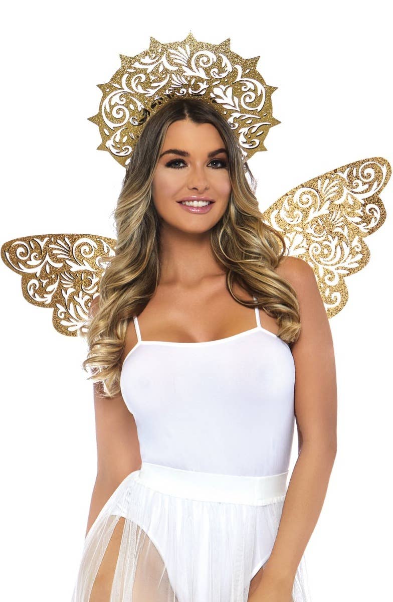 Leg Avenue Gold Glitter Angel Wings and Halo Costume Accessory Set Front View